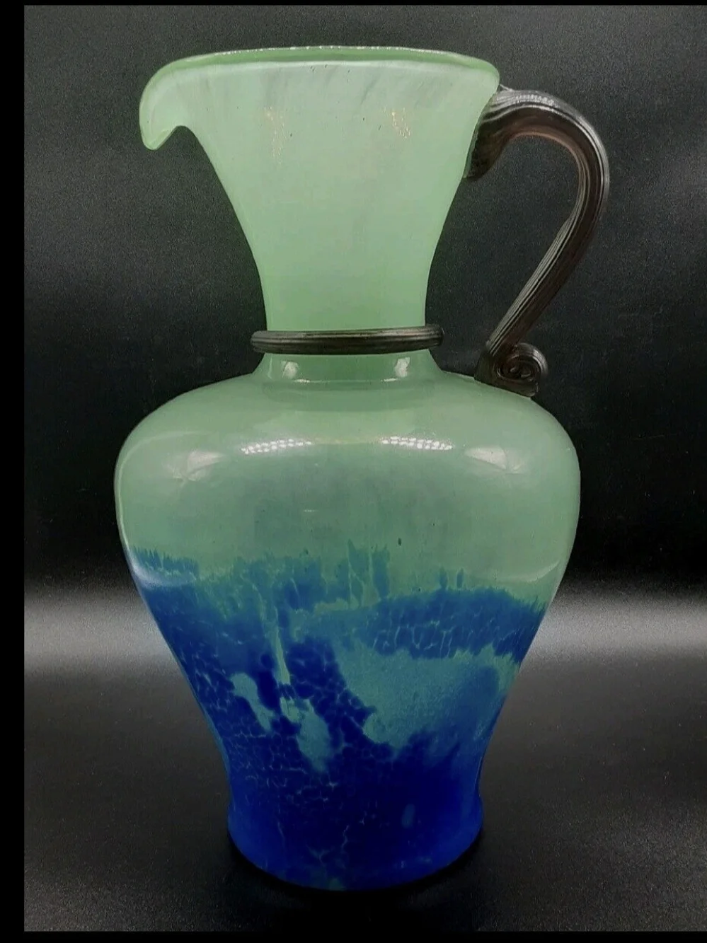 DESIGN GUILD green BLUE ROMANIAN ART GLASS ROPE PItcher VASE URN EXC! Romania